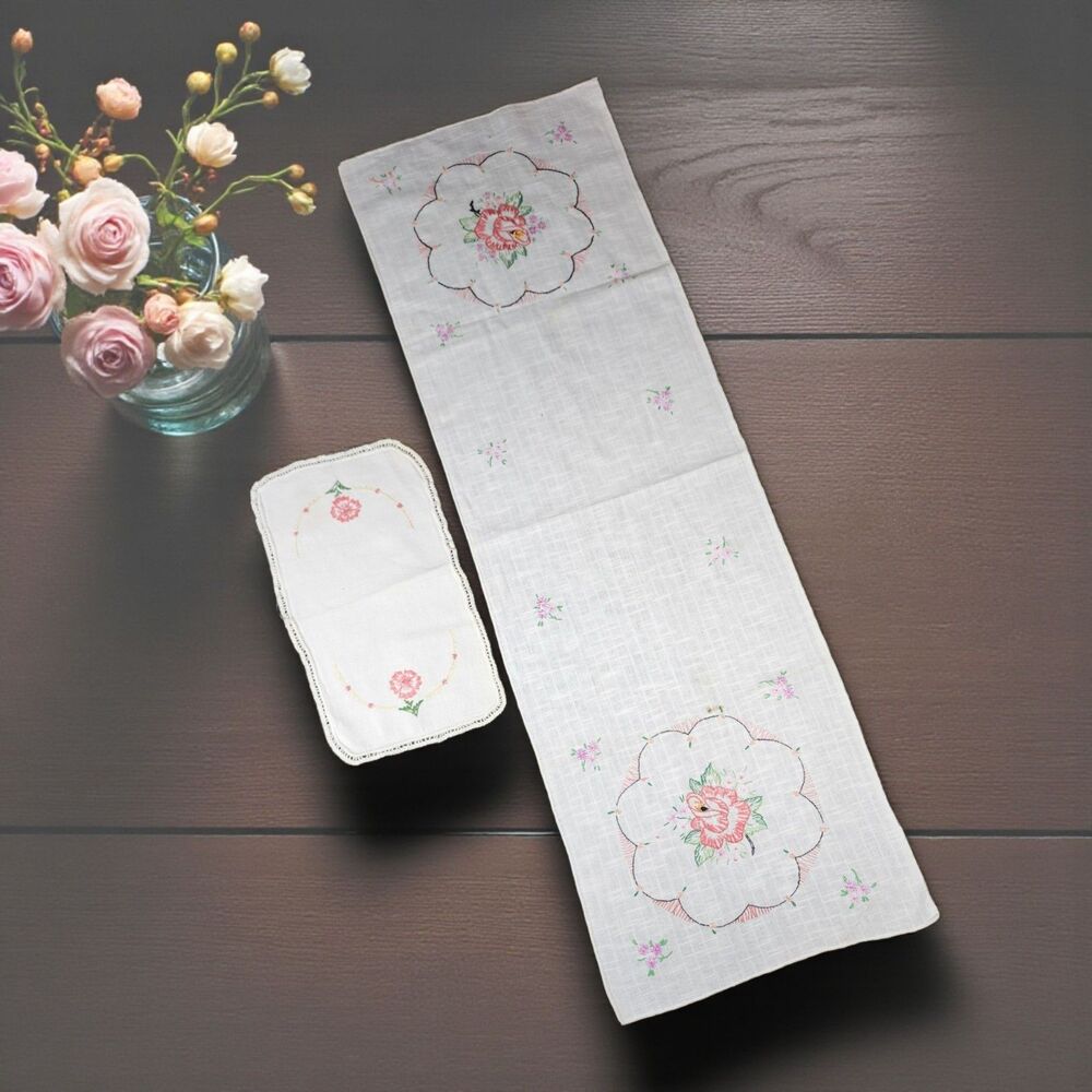 Vintage Hand Embroidered Linen Runner & Doily Set Floral Roses 27" + 12"